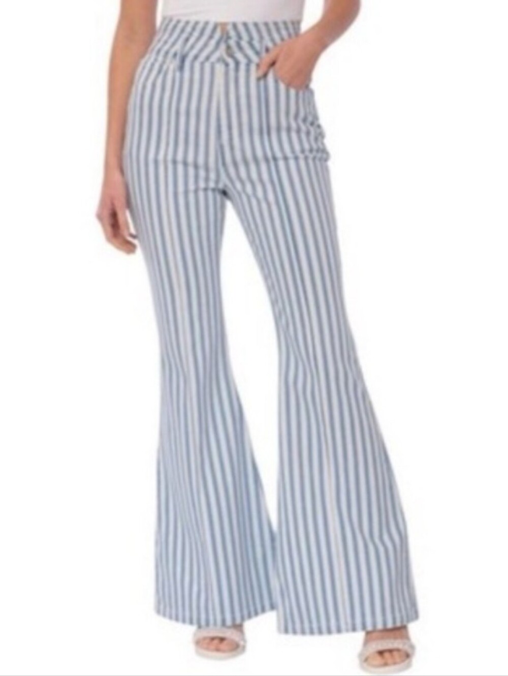 Avec Les Filles Striped High Waist Super Flare Denim Jeans NWT